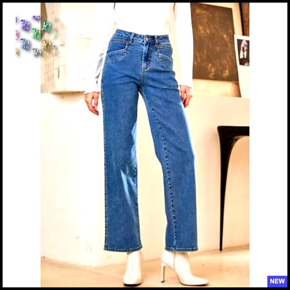 Straight Leg Jeans High Waisted Stretchy Wide Leg Ankle Denim Pants Chic - Picture 4 of 7